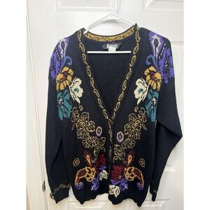 Vintage Modiano cottagecore Cardigan Sweater Women's  Black Floral Knit Button S